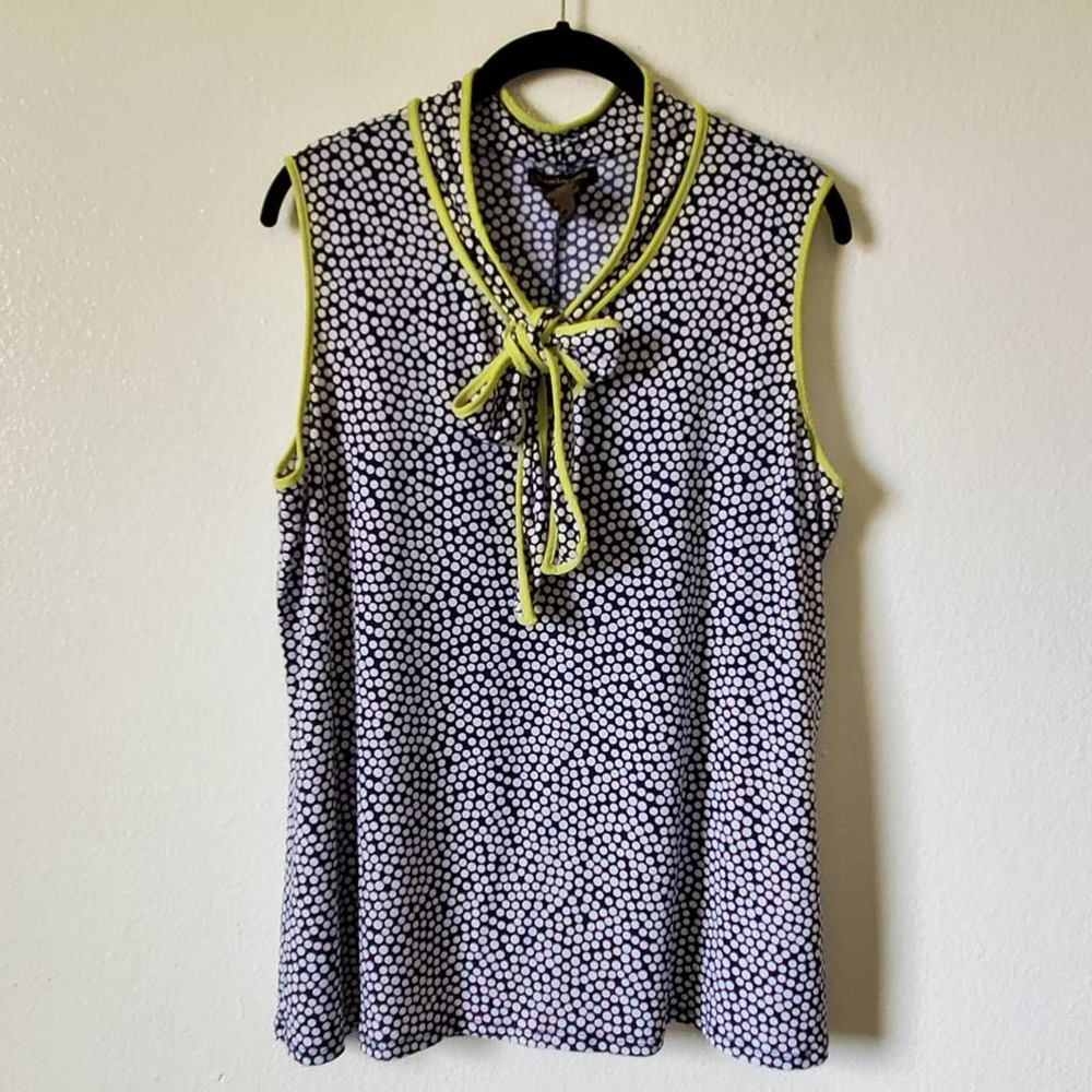 Susan Lawrence Womens XL Sleeveless Top Blue Yellow Polka Dot Tie Tank Preppy